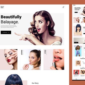 K&ouml;nnte beinhalten: Ein Website-Landingpage-Layout f&uuml;r einen Sch&ouml;nheitssalon mit einem Hero-Bereich mit dem Text Beautifully Balayage, gefolgt von Abschnitten f&uuml;r Tattoo-, Make-up- und Nagel-Dienstleistungen, die verschiedene Bilder von Personen mit gestyltem Haar und Make-up zeigen.
