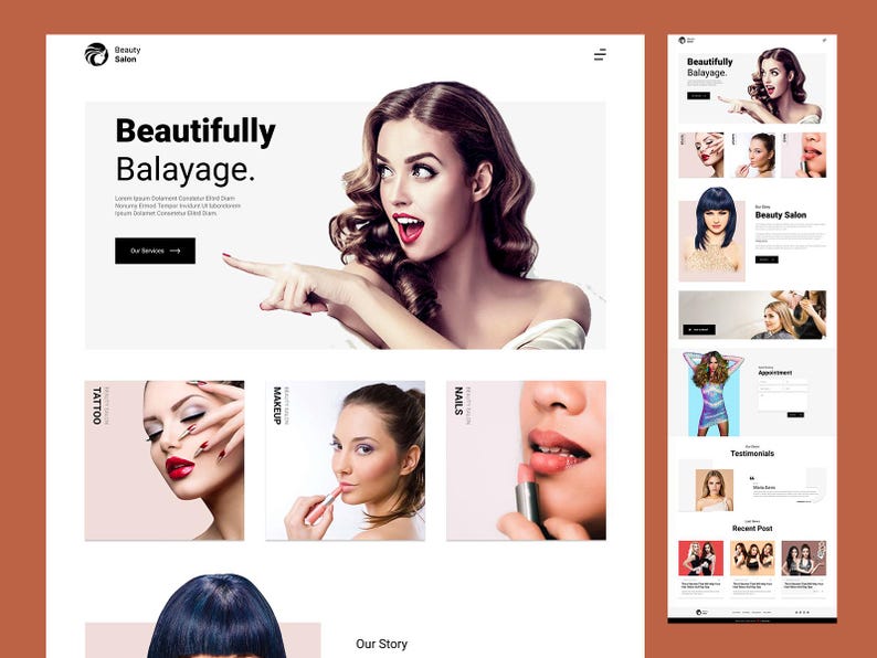 K&ouml;nnte beinhalten: Ein Website-Landingpage-Layout f&uuml;r einen Sch&ouml;nheitssalon mit einem Hero-Bereich mit dem Text Beautifully Balayage, gefolgt von Abschnitten f&uuml;r Tattoo-, Make-up- und Nagel-Dienstleistungen, die verschiedene Bilder von Personen mit gestyltem Haar und Make-up zeigen.
