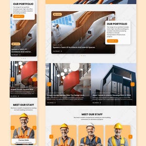 K&ouml;nnte beinhalten: Ein Website-Layout f&uuml;r Mazing Builders mit einem Hero-Bereich mit Baubildern, Service-Symbolen, Projektstatistiken, einer Portfolio-Galerie, Mitarbeiterprofilen, Kundenstimmen und einem Kontaktformular mit dunkler Fu&szlig;zeile.