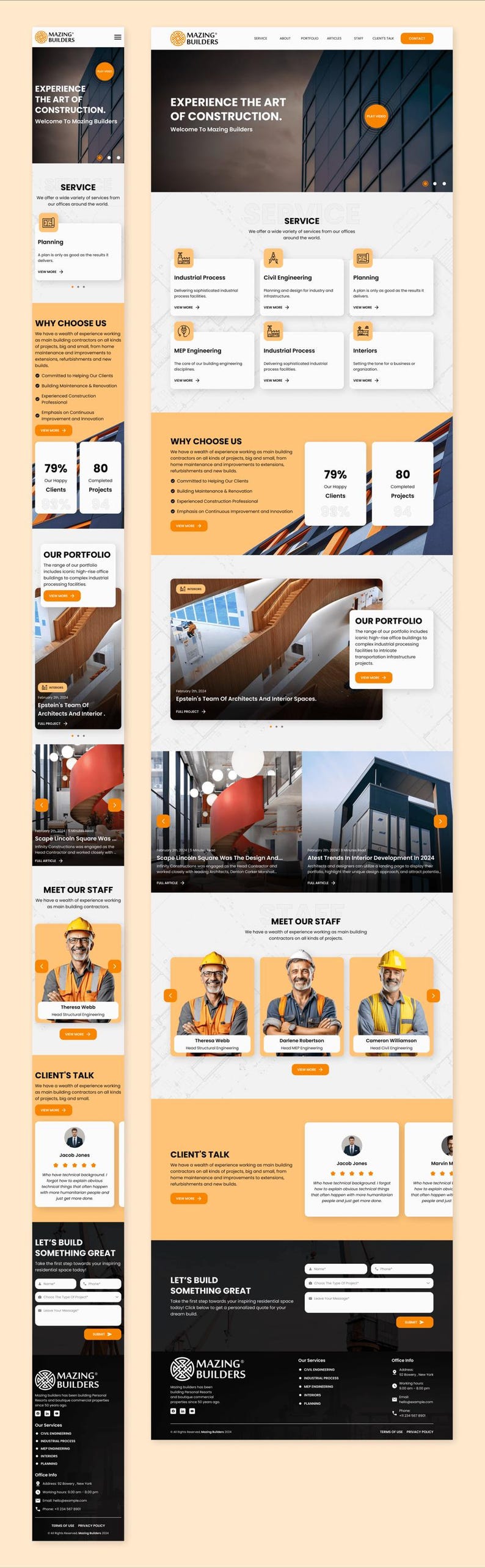 K&ouml;nnte beinhalten: Ein Website-Layout f&uuml;r Mazing Builders mit einem Hero-Bereich mit Baubildern, Service-Symbolen, Projektstatistiken, einer Portfolio-Galerie, Mitarbeiterprofilen, Kundenstimmen und einem Kontaktformular mit dunkler Fu&szlig;zeile.