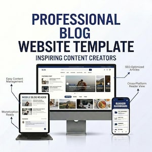 May include: A digital mockup showcasing a professional blog website template. The image displays a desktop computer, a tablet, and a smartphone, each displaying different aspects of the blog design. Text includes "Professional Blog Website Template" and "Inspiring Content Creators."