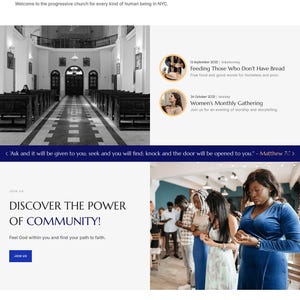 K&ouml;nnte beinhalten: Eine Website-Startseite f&uuml;r die GracePoint Community Church in NYC mit einer schwarz-wei&szlig;en Innenansicht einer Kirche, Veranstaltungslisten, dem Text "Building Bridges of Faith, Hope, and Love" und einem Foto einer vielf&auml;ltigen Gruppe.
