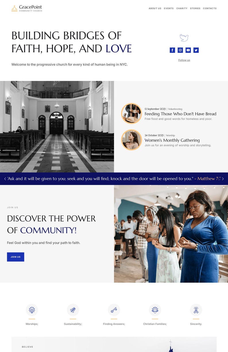 K&ouml;nnte beinhalten: Eine Website-Startseite f&uuml;r die GracePoint Community Church in NYC mit einer schwarz-wei&szlig;en Innenansicht einer Kirche, Veranstaltungslisten, dem Text "Building Bridges of Faith, Hope, and Love" und einem Foto einer vielf&auml;ltigen Gruppe.
