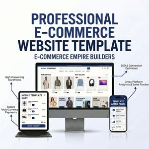 May include: A digital display showing a professional e-commerce website template with a desktop monitor, a tablet, and a smartphone. The screens feature a storefront layout, a mobile template cart, and an admin panel with text labels for features.