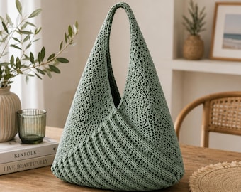 May include: A sage green crochet hobo bag featuring a triangular silhouette with a textured, open-stitch pattern and a single integrated handle. The bag is constructed with a dense, ribbed crochet panel across the front lower section.