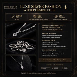 May include: A Luxe Silver Fashion infographic displaying 925 sterling silver jewellery, including a chain necklace with a geometric pendant, a collection of silver rings with varied band widths, and a necklace featuring a teardrop-shaped pendant.