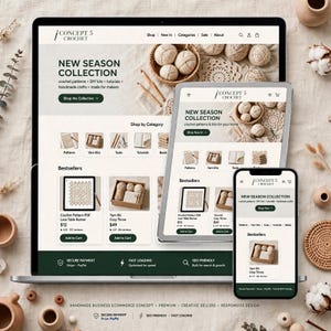 Puede incluir: Un ordenador portátil, una tableta y un teléfono inteligente muestran el sitio web Concept 5 Crochet. Las pantallas presentan una nueva colección, categorías de patrones, kits de lana, herramientas y tutoriales, además de una sección de ventas.