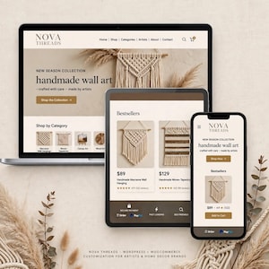 Pode incluir: Um computador portátil, um tablet e um smartphone exibem o site da Nova Threads, apresentando arte de parede feita à mão, tapeçarias de macramé e tecidos. A interface inclui menus de navegação, listas de produtos e botões de compra.