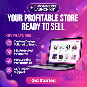 Pode incluir: Um gráfico de marketing digital para um kit de lançamento de e-commerce com um laptop exibindo uma interface de loja online. O fundo roxo e rosa inclui o texto: E-Commerce Launch Kit, Your Profitable Store Ready To Sell, Key Features, Get Started.