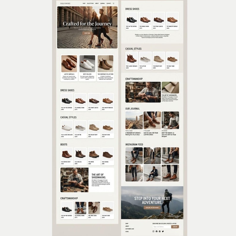 K&ouml;nnte beinhalten: Webseiten-Layout mit verschiedenen Schuhstilen, darunter elegante Schuhe, Freizeitschuhe und Stiefel. Das Design zeigt Produktbilder, Text und Handlungsaufforderungen. Der Slogan "Crafted for the Journey" ist prominent platziert.