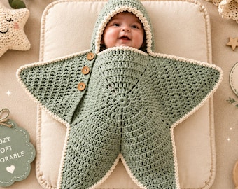 Padrão de crochê em PDF para manta de bebê com capuz e estrela | Padrão de casulo para recém-nascido | Presente fácil para chá de bebê | Download instantâneo | Manta de crochê para bebê