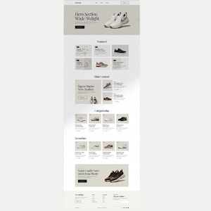 K&ouml;nnte beinhalten: Ein Website-Layout mit Sportschuhen. Die Seite enth&auml;lt einen Hero-Bereich mit dem Text "Hero Section Wide Wdight", vorgestellten Produkten und kategorisierten Schuhoptionen. Das Design ist sauber mit einer neutralen Farbpalette.