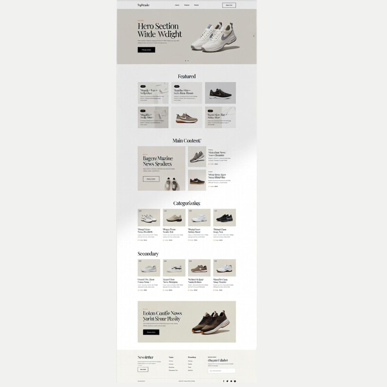 K&ouml;nnte beinhalten: Ein Website-Layout mit Sportschuhen. Die Seite enth&auml;lt einen Hero-Bereich mit dem Text "Hero Section Wide Wdight", vorgestellten Produkten und kategorisierten Schuhoptionen. Das Design ist sauber mit einer neutralen Farbpalette.
