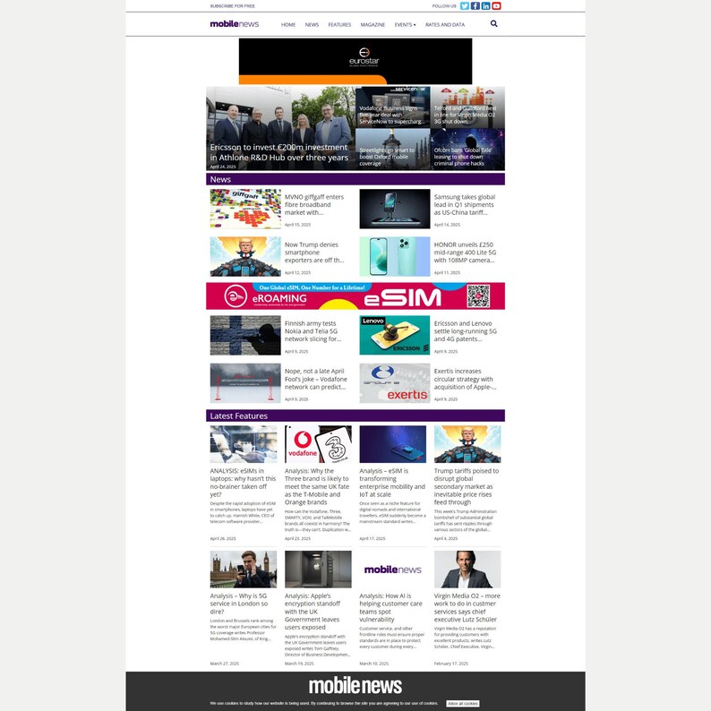 May include: A webpage titled "mobilenews" with various articles. Headlines include Ericsson investment, MVNO broadband, and Samsung shipments. The page features images, logos, and text, with sections for news and latest features.
