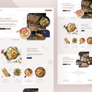 K&ouml;nnte beinhalten: Ein Website-Landingpage-Design f&uuml;r das Restaurant Thai Phuket mit einem Hero-Bereich, der ein Foto des Speisesaals, Sch&uuml;sseln mit Nudelsuppe sowie Text&uuml;berschriften wie An Ambient Dining Experience und The Finest Thai Cuisine zeigt.