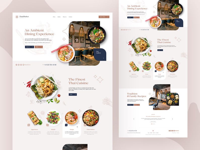 K&ouml;nnte beinhalten: Ein Website-Landingpage-Design f&uuml;r das Restaurant Thai Phuket mit einem Hero-Bereich, der ein Foto des Speisesaals, Sch&uuml;sseln mit Nudelsuppe sowie Text&uuml;berschriften wie An Ambient Dining Experience und The Finest Thai Cuisine zeigt.