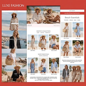 Pode incluir: Um layout de marketing digital para a Luxe Fashion apresentando uma coleção de vestuário de praia, incluindo vestidos de linho, camisas, calções e malas entrançadas. As imagens mostram vários modelos com chapéus de palha em praias.
