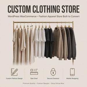 Könnte beinhalten: Ein goldener Metall-Kleiderständer zeigt beige Kleider, weiße T-Shirts, schwarze T-Shirts sowie braune und anthrazitfarbene Kapuzenpullover. Text: CUSTOM CLOTHING STORE, WordPress WooCommerce, Custom Fashion Design, Size Chart, Secure Checkout, Mobile Shopping.