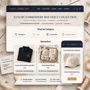 May include: A website interface for Nova Threads, a luxury embroidery boutique. The page displays a navigation menu, a shop by category section, and a bestseller area featuring a black polo shirt, a gift set, and a mobile view of a beige cap.
