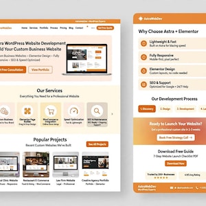 Op de afbeelding: Een desktop- en mobiele website-indeling voor AstraWebDev met oranje en witte branding. Het ontwerp bevat secties voor diensten, populaire projecten en een 7-stappen checklist voor website-lancering, met tekst over WordPress en Elementor.