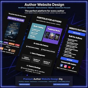 May include: A digital display showcasing an author website design service. The layout features dark backgrounds with purple and blue accents, displaying sections for book catalogs, published works, reader reviews, sales, and event bookings.