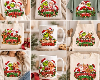 Könnte beinhalten: Eine Kollektion aus Kleidung, Tragetaschen und Tassen mit festlichen Illustrationen eines grünen Charakters und des Weihnachtsmanns, inklusive der Texte Santa Selfie, Cocoa Crew, North Pole Duo, Sleigh Buddies, Cookie Buddies, Bake Buddies, Merry Match, Cocoa Date und Christmas Squad.
