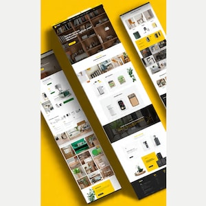 K&ouml;nnte beinhalten: Drei abgewinkelte Website-Mockups auf gelbem Hintergrund. Die Websites zeigen M&ouml;bel und Wohnaccessoires mit Bildern von Sofas, St&uuml;hlen und Regalen. Jedes Mockup hat ein klares, modernes Design mit einem gelb-schwarzen Farbschema.