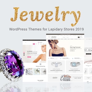 Pode incluir: Um anel de prata com uma grande pedra preciosa oval roxa rodeada por pequenas pedras claras, exibido ao lado de uma colagem digital de layouts de sites com o texto Jewelry WordPress Themes for Lapidary Stores 2019 no topo.