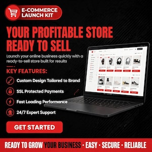 Może przedstawiać: Czarny laptop wyświetlający interfejs sklepu e-commerce z listą produktów. Tekst zawiera E-COMMERCE LAUNCH KIT, YOUR PROFITABLE STORE READY TO SELL, KEY FEATURES oraz GET STARTED. Projekt z czerwonymi i białymi akcentami na czarnym tle.