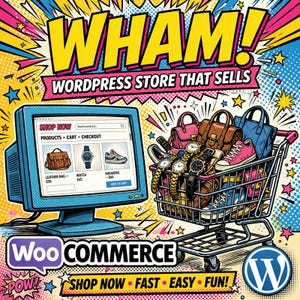 Puede incluir: Un gráfico al estilo cómic que muestra un monitor de computadora con una interfaz de tienda WordPress con productos como un bolso de cuero, un reloj y zapatillas. Al lado, un carrito de compras lleno de bolsos, relojes y zapatos.
