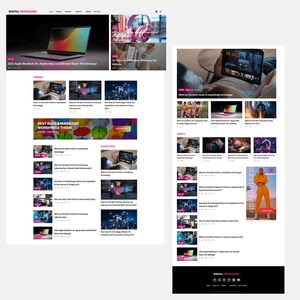 May include: A website layout featuring articles about technology, gadgets, and lifestyle. The site includes a laptop with a colorful screen, a tablet, and headlines such as "2024 Apple MacBook Air: Apples New Leak Reveals Razer-thin Redesign."