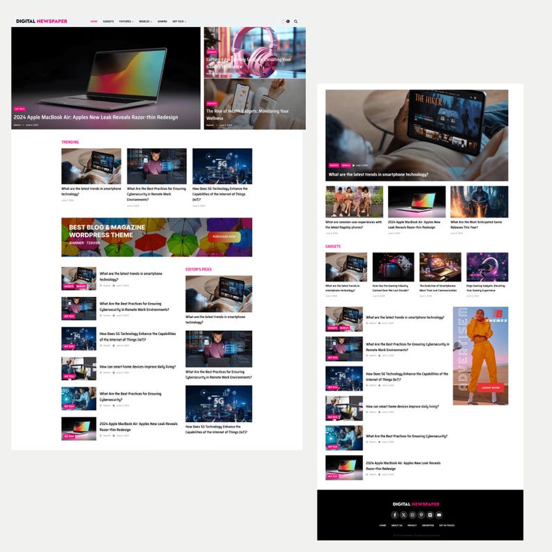 May include: A website layout featuring articles about technology, gadgets, and lifestyle. The site includes a laptop with a colorful screen, a tablet, and headlines such as "2024 Apple MacBook Air: Apples New Leak Reveals Razer-thin Redesign."