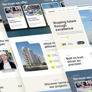 Puede incluir: Un diseño de sitio web digital para una empresa de construcción y desarrollo llamada builderz. La interfaz presenta secciones para servicios, gestión de proyectos, desarrollo inmobiliario, perfiles de equipo y exhibiciones de proyectos con imágenes de edificios y profesionales.