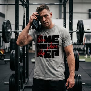 May include: A gray t-shirt with the text "ONE MORE REP" in black and red. The person wearing the shirt is in a gym setting, wiping their forehead with a black towel. Barbells and weight plates are visible in the background.
