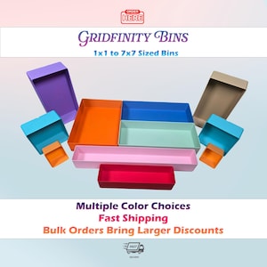 May include: A collection of Gridfinity Bins in various sizes and colors, including purple, orange, blue, light green, pink, red, and beige. The text reads: ORDER HERE, GRIDFINITY BINS, 1x1 to 7x7 Sized Bins, Multiple Color Choices, Fast Shipping, Bulk Orders.
