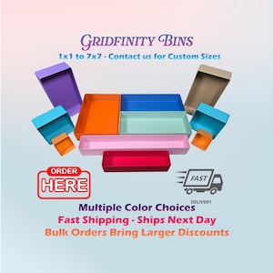 May include: A selection of brightly coloured Gridfinity storage bins in different sizes and shades, such as purple, orange, blue, pink, and red. The image includes the text "Gridfinity Bins" and "Order Here."