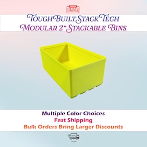 May include: A bright yellow ToughBuilt StackTech modular 2-inch stackable bin. The rectangular storage container features an open top and a solid base. Text on the image includes ORDER HERE, TOUGHBUILT STACK TECH MODULAR 2" STACKABLE BINS.
