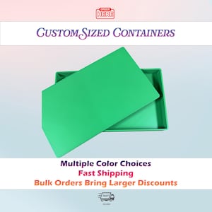 May include: A bright green rectangular container with a matching lid. The text reads: ORDER HERE, CUSTOM SIZED CONTAINERS, Multiple Color Choices, Fast Shipping, Bulk Orders Bring Larger Discounts, and a small truck icon with the word FAST.