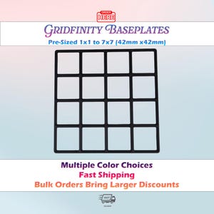 May include: A black Gridfinity baseplate featuring a 4x4 square grid pattern. The text reads: ORDER HERE, GRIDFINITY BASEPLATES, Pre-Sized 1x1 to 7x7 (42mm x 42mm), Multiple Color Choices, Fast Shipping, Bulk Orders Bring Larger Discounts.