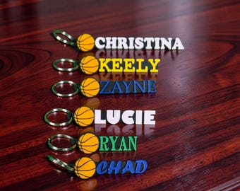 May include: Basketball-themed keychains with personalized names. Each keychain features a miniature basketball and a name in a different color: white, yellow, blue, green, and blue. The keychains are arranged on a dark wood surface.