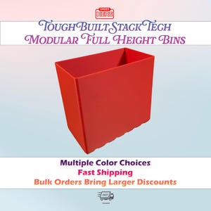 May include: A bright red, rectangular modular storage bin with a hollow interior and a scalloped bottom edge. The text "TOUGHBUILT STACK TECH MODULAR FULL HEIGHT BINS" is displayed above the bin, with "ORDER HERE" in a small red box.
