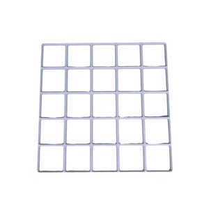 May include: A light grey plastic grid with a 5x5 arrangement of square openings. The grid is designed with a simple, minimalist aesthetic, suitable for organising small items or creating a modular display.