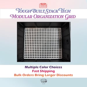May include: A ToughBuilt Stack Tech modular organization grid featuring a white square-patterned plastic insert placed inside a black storage container. The text reads: ORDER HERE, TOUGHBUILT STACK TECH MODULAR ORGANIZATION GRID, Multiple Color Choices.