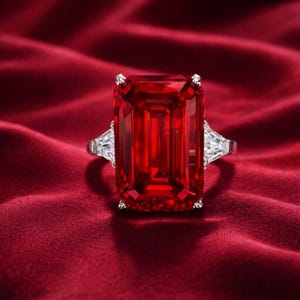 Op de afbeelding: Een zilveren ring met een grote, rechthoekige, gefacetteerde rode edelsteen als middelpunt. Twee kleinere, driehoekige, heldere edelstenen flankeren de hoofdsteen. De ring is geplaatst tegen een dieprode, getextureerde achtergrond.
