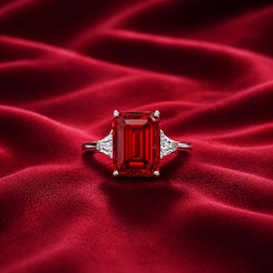 May include: A ring featuring a large, rectangular emerald-cut red gemstone set in a silver-toned metal band. The center stone is flanked by two smaller, triangular-cut clear white stones on each side, secured by metal prongs in a classic setting.