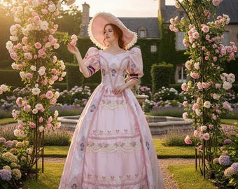 Könnte beinhalten: Ein hellrosa Kleid im viktorianischen Stil mit weitem Rock, Puffärmeln und passendem Hut. Das Kleid ist mit aufwendiger Spitze und floralen Stickereien verziert. Der Hintergrund zeigt einen Garten mit rosenbedeckten Bögen und einem Brunnen.