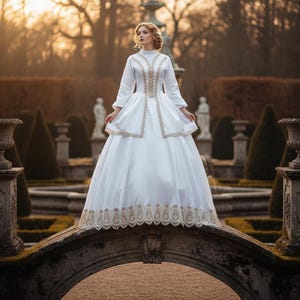 Puede incluir: Un vestido blanco con mangas largas y cuello alto, con intrincados bordados dorados en el corpiño y el dobladillo. El vestido tiene una falda amplia y se usa al aire libre en un puente de piedra. El fondo incluye un jardín con estatuas y árboles.