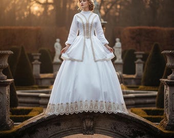 Könnte beinhalten: Ein weißes Kleid mit langen Ärmeln und hohem Kragen, verziert mit aufwendiger goldener Stickerei am Oberteil und am Saum. Das Kleid hat einen weiten Rock und wird auf einer Steinbrücke getragen. Der Hintergrund zeigt einen Garten mit Statuen und Bäumen.