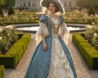 Könnte beinhalten: Eine Person in einem teal- und cremefarbenen Ballkleid und passendem Hut steht in einem Garten. Das Kleid hat goldene Stickereien, Spitzärmel und einen geschichteten Rock. Der Hintergrund umfasst einen Brunnen, gepflegte Hecken und ein großes Gebäude.