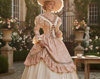 Könnte beinhalten: Ein Ballkleid im Vintage-Stil in zartem Rosa und Creme, mit aufwendiger floraler Stickerei und Rüschenakzenten. Das Kleid wird durch einen breitkrempigen Hut ergänzt. Die Szene spielt sich im Freien mit einem Garten und Steinarchitektur im Hintergrund ab.